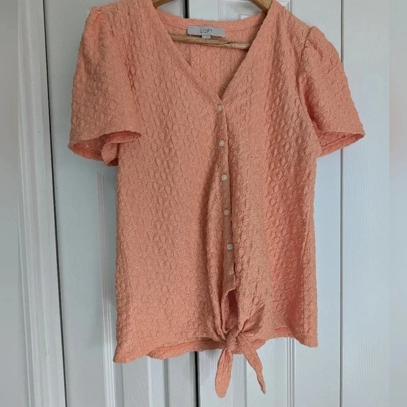 LOFT Orange Textured Button Front Top Flutter Short Sleeve Small Tie Front - Picture 2 of 5